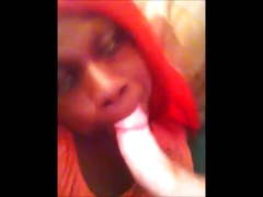 Black Tranny Swallows White Boss Cum curved cock